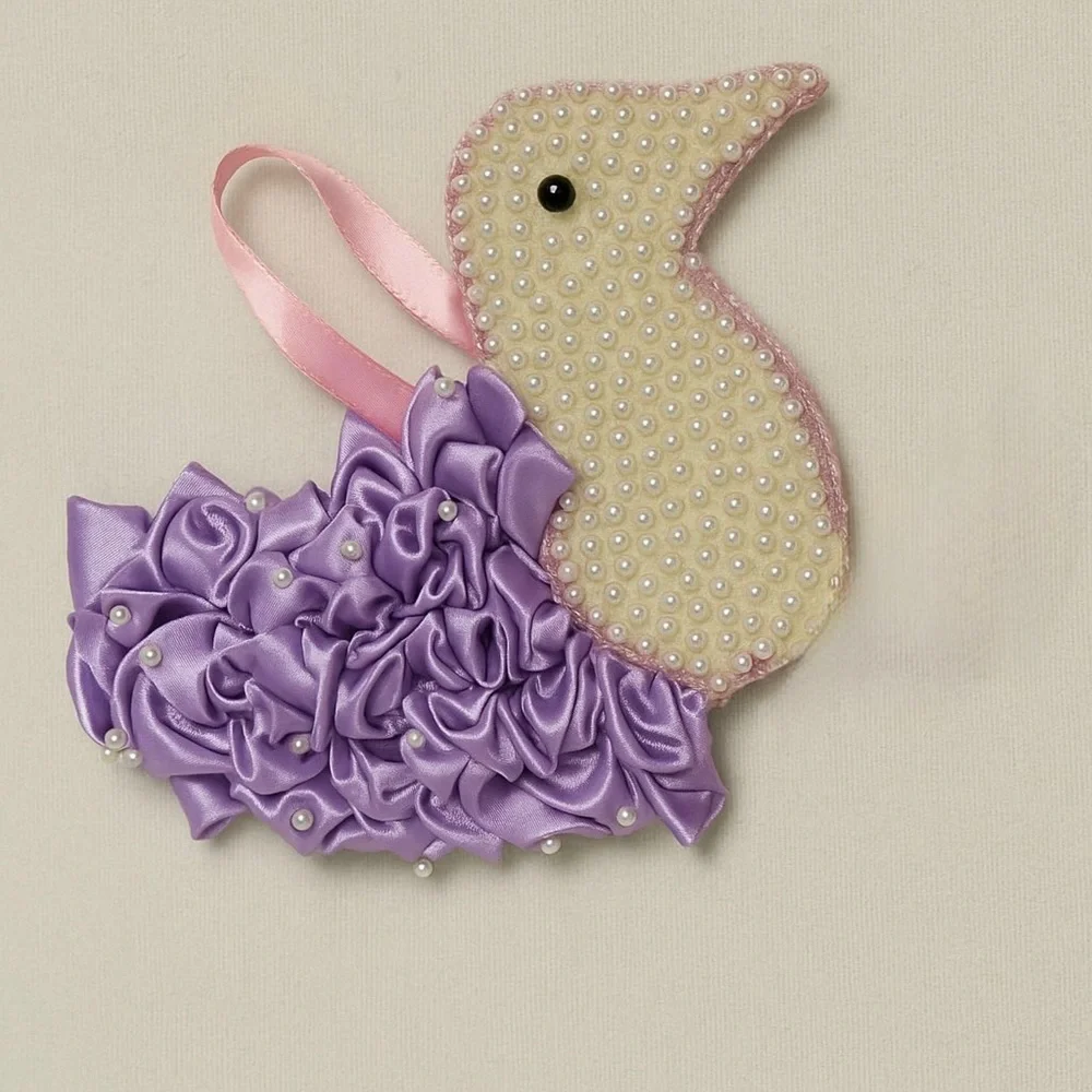 Handmade Beaded Bird Ornament Pair-Yellow & Purple Satin Ribbon with PearlsDecor